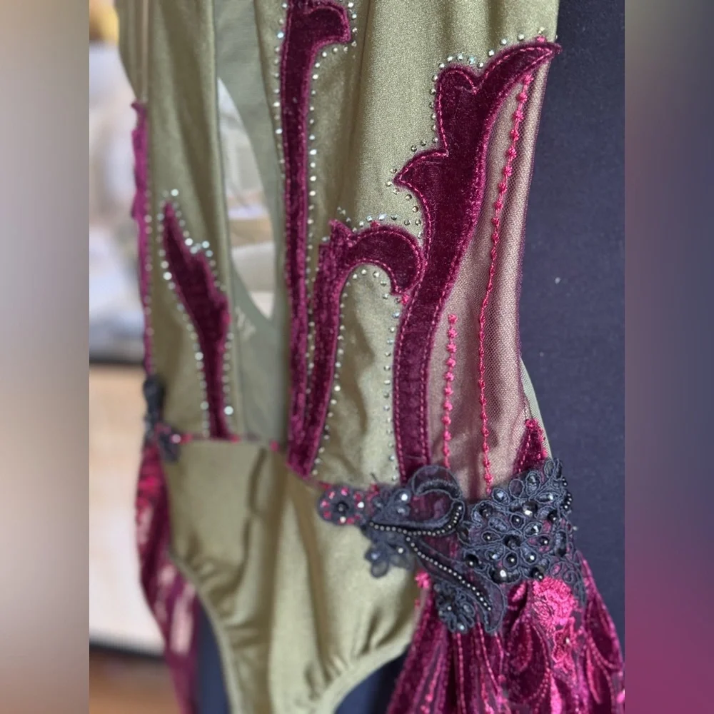 🫒Custom Patrick J Olive Green & Burgundy Dance Costume with Unique Fringe Skirt